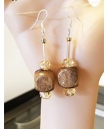 big brown bead drop earrings long dangles wood glass boho jewelry handmade - £5.58 GBP