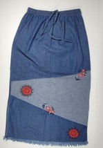 Karen Scott Sport Blue Embroidered 100% Cotton long Skirt Maxi elastic w... - $14.96