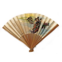 Vintage Bamboo And Paper Chinese Hand Folding Fan Printed Geisha Taiwan - £5.56 GBP