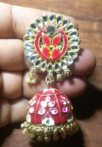 Indian Joharibazar GoldPlated Kundan Earring Jhumka Chand Bali Jewelry Set Maroo - £18.46 GBP
