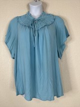 Torrid Womens Plus Size 4 (4X) Blue Smocked Gauze Tie Neck Blouse Short Sleeve - £15.80 GBP