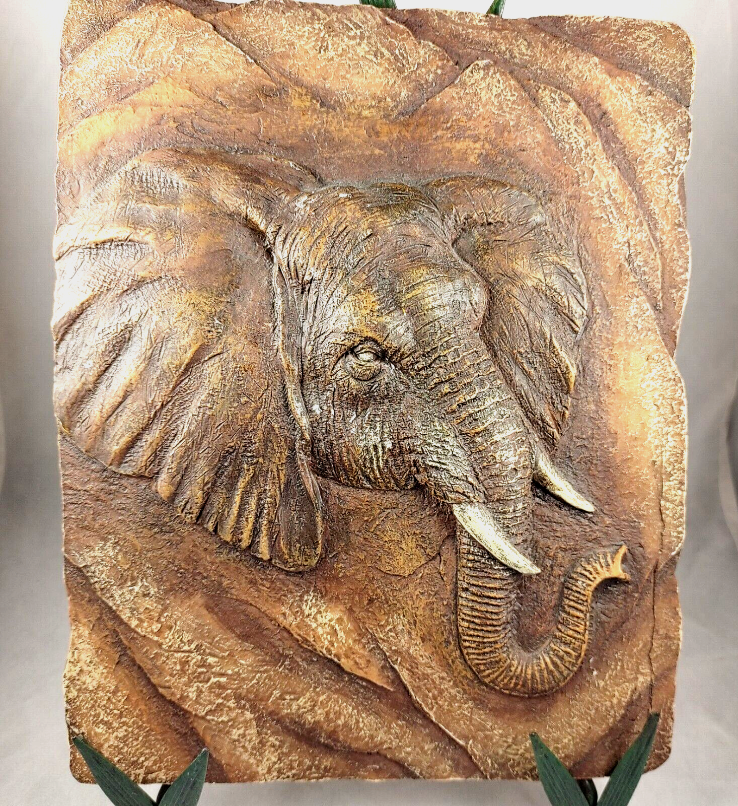 Primary image for Elephant Head Carved Ceramic Tile with Metal Leaf Stand Brown 10 x 8 Inches