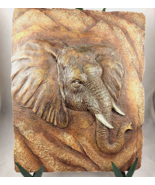 Elephant Head Carved Ceramic Tile with Metal Leaf Stand Brown 10 x 8 Inches - £9.53 GBP