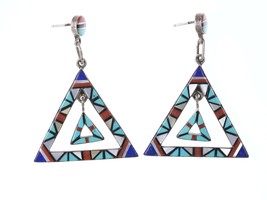 Vintage Zuni sterling Intarsia Inlay Chandelier earrings - £226.08 GBP