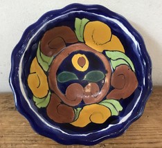 Vintage Handmade Painted Folk Art Terracotta Mexico Decorative Bowl Dish 4.25&quot; - £23.97 GBP