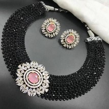 Indian Gold Plated Bollywood Style CZ Choker Necklace Ruby Black Jewelry Set - £66.83 GBP