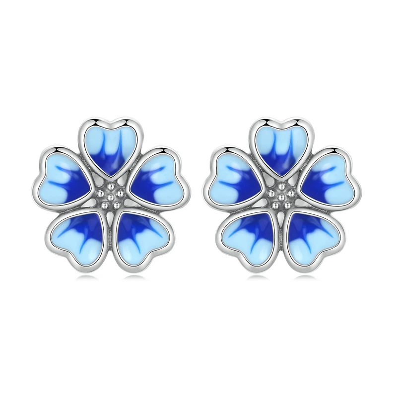 100% 925 Sterling Silver Blue Flower Stud Earrings For Women Wedding Fashion Ann - £19.06 GBP