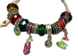 Womens Golf Charm Bracelet with Beads Charms 8&quot; Silver-Tone Glass Metal Beads - £13.54 GBP