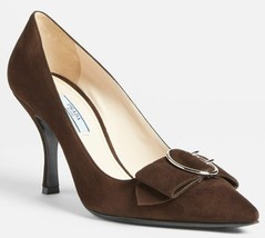 PRADA 1I520E Camoscio POINTED TOE Brown HEELS Shoes PUMPS Round BUCKLE 3... - £402.46 GBP