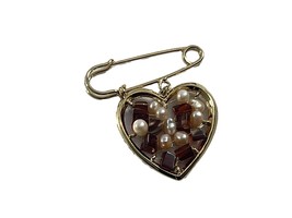 Vintage Gold Tone Safety Pin Dangle Heart Brooch Faux Pearl Red Beads - $11.88