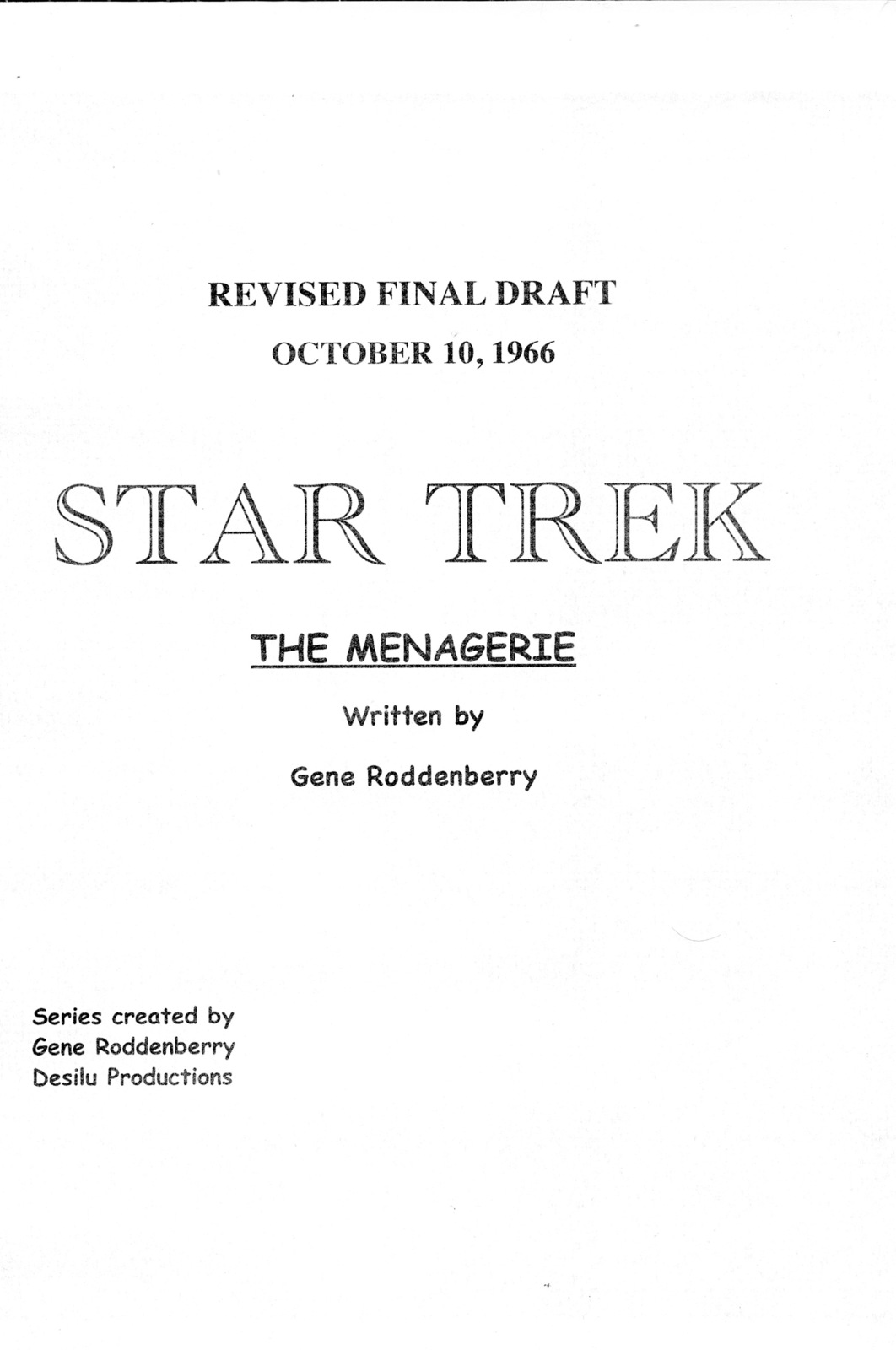 STAR TREK: THE MENAGERIE by Gene Roddenberry 1967 repro TV series script - $21.99