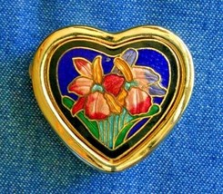 Art Nouveau Style Blue Cloisonne Enamel Pink Iris Heart Miniature Pill Box 1970s - £14.19 GBP