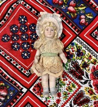 Vintage MCM Bisque Ceramic Girl Doll Blue Bonnet Lace Dress Little Bo Peep 5” - £23.19 GBP