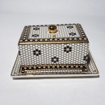 Anthropologie Bistro Tile Covered Butter Dish HELLO Gold White Mosaic He... - $54.95