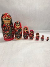 Set 7 Matryoshka Russian Nesting Dolls Hand Painted red flowered Vintage - £80.47 GBP