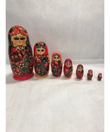 Set 7 Matryoshka Russian Nesting Dolls Hand Painted red flowered Vintage - £79.78 GBP