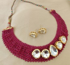 Gold Plated Indian Bollywood Style Kundan Ruby Pink Fusion Necklace Jewelry Set - £53.32 GBP