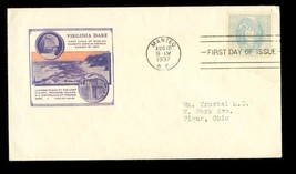 Vintage Postal History FDC Historical Cachet Cover 1937 Manteo NC Virgin... - $8.41