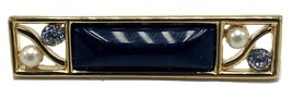 Vtg Monet Gold Tone &amp; Black Enamel Brooch Pin Gold Tone Faux Pearl Rhinestone - £22.03 GBP