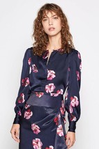 Joie Antonela Pink Floral Satin Midnight Navy Blue Blouse SZ XXS NWT $248 - $95.20