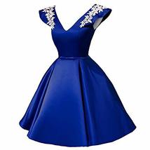 Plus Size V Neck White Lace Short Satin Prom Homecoming Dress Royal Blue US 22W - £78.57 GBP