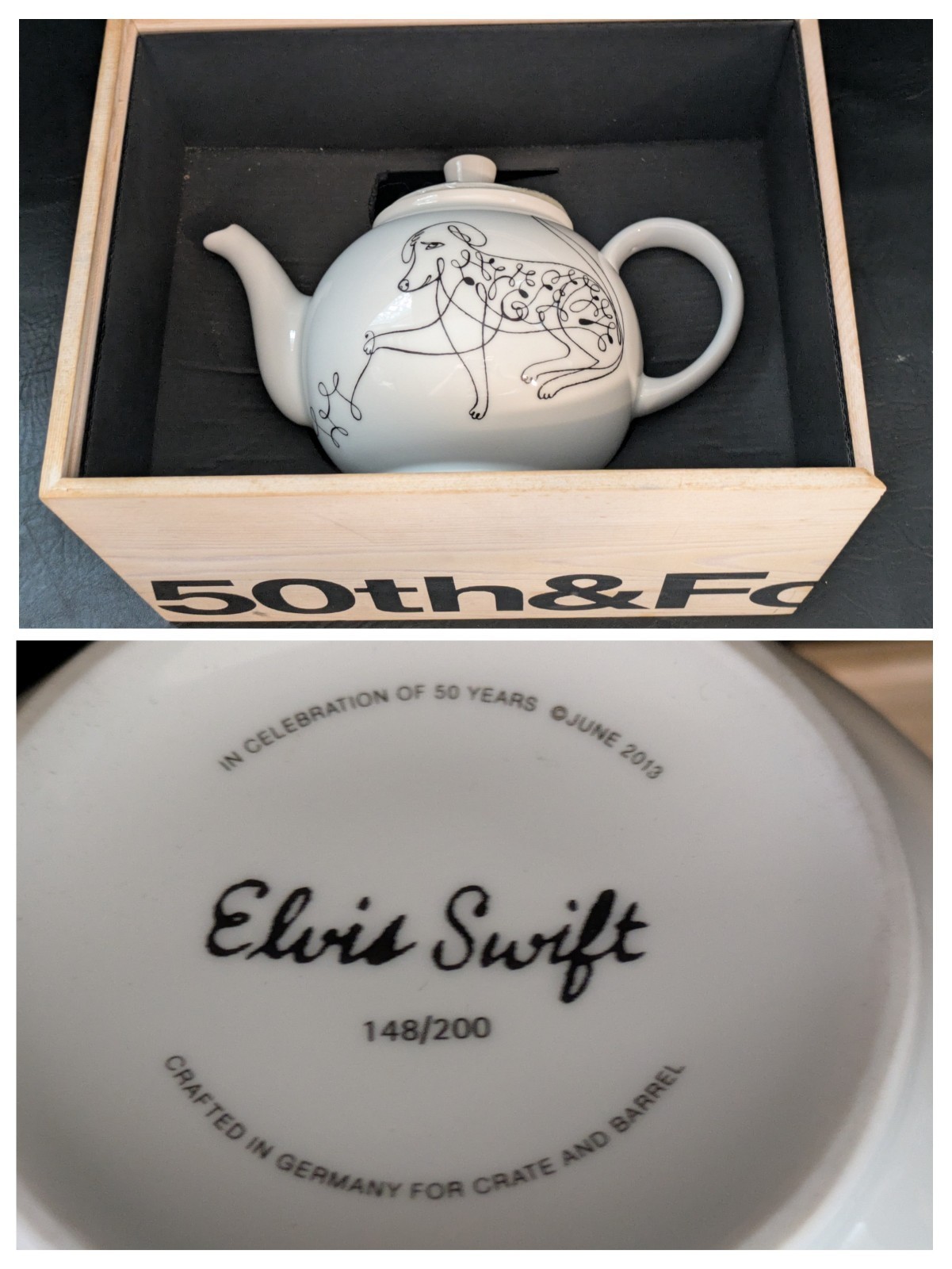 Crate &amp; Barrel Elvis Swift Cat Dog Teapot 7 of 200 50th Anniversary Wood... - $534.56
