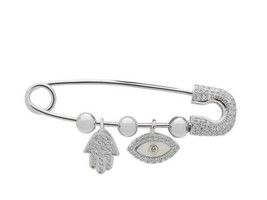 925 Sterling Silver Safety Pin Brooch Hamsa &amp; Evil FREE Shipping Worldwide. - £54.94 GBP+