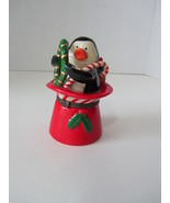 Vintage Christmas Penguin Sitting in Red Hat Trinket Box