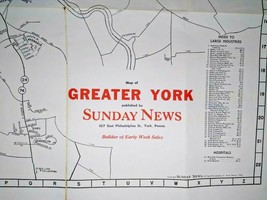 Map of York, PA, pub. by The Sunday News 1956 York Pennsylvania Vintage  - £12.23 GBP
