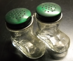 Boot Salt and Pepper Shakers Set Clear Glass Green Screw on Metal Cap Ta... - $7.99