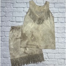 Vintage SIGI G.D.S. Skirt Tank Set Size M Beige Tie-Dye Fringe Boho Stretch - £55.14 GBP