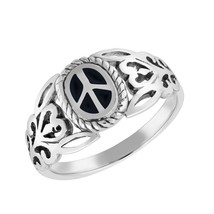 Modern Filigree Embrace Peace Symbol Black Onyx Sterling Silver Ring-8 - £15.47 GBP