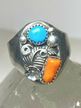 Navajo ring turquoise coral  southwest  sterling silver women men size 13.75 - £117.09 GBP