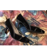 NEW VINTAGE BLACK VELVET SATIN STILETTO PUMPS HEELS DAINTY PEARL BUCKLE 10 - $14.36