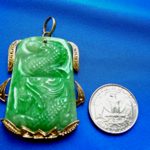 Earth mined Antique green Jade Dragon Pendant 14k Gold Deco Medallion Luck Gift - $9,963.32 CAD