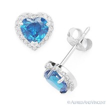 Heart-Cut Simulated Blue Topaz CZ Crystal Halo 925 Sterling Silver Stud Earrings - £21.01 GBP+