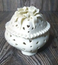 Heart Shaped Trinket Dish Jewelry Box Porcelain Bisque Ivory Roses &amp; Rib... - £12.80 GBP