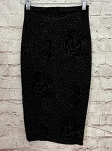 Love Culture Black Pull On Pencil Midi Skirt Velvet Flocked Stretch Lined Size S - £17.38 GBP