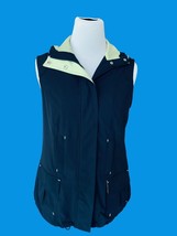 Zenergy Chico&#39;s Ladies Navy Green Sleeveless Hooded Snap Zip Pockets Vest Euc S - £24.99 GBP