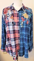 Johnny Was Eilona Plaid Mix Oversized Shirt with Floral Embroidery Sz.XL - £143.41 GBP