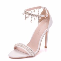 Sexy Women Sandals High Heels Pearl Rhinestone 11CM Open Toe Ankle Strap Party S - £47.83 GBP