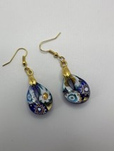 Vintage Blue Iridescent Signed Murano Glass Dangle Earrings 4.6cm - £46.74 GBP