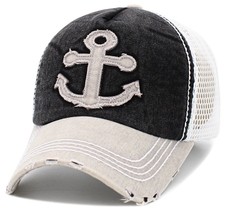 Vintage Nautical Anchor Mesh back Black &amp; White Adjustable Hat by KB Ethos - £14.87 GBP