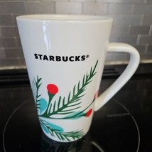 Starbucks Christmas Holiday Tall Ceramic Mug Cup Holly Berry Pine Leaves 12 oz - £18.26 GBP