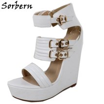 White Women Sandals Wedges Styles High Heel Thick Platform Made-To-Order Size 45 - £189.81 GBP