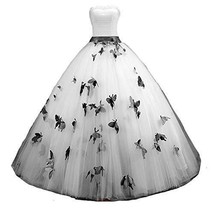 Kivary Strapless A Line White and Black Butterfly Gothic Pearls Long Prom Gowns  - £134.94 GBP