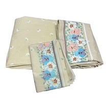 Vintage 1970s Pansy Tan Floral Set Twin 2 Pillowcases Fitted Flat Sheet Pansies - £34.93 GBP