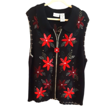 18-20W White Stag Christmas Sweater Vest Red Poinsettias Sparkly - £22.16 GBP