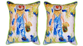 Pair of Betsy Drake Garden Girl Large Indoor Outdoor Pillows - £71.21 GBP