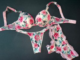 Victoria&#39;s Secret 34B,34D Bra Set S Panty Lot Floral Satin Pink Rose Shine Strap - £94.73 GBP